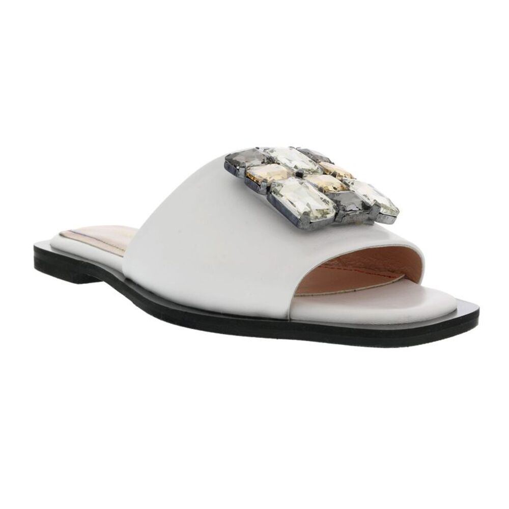 Ventutto White Crystal Embellished Leather Slide